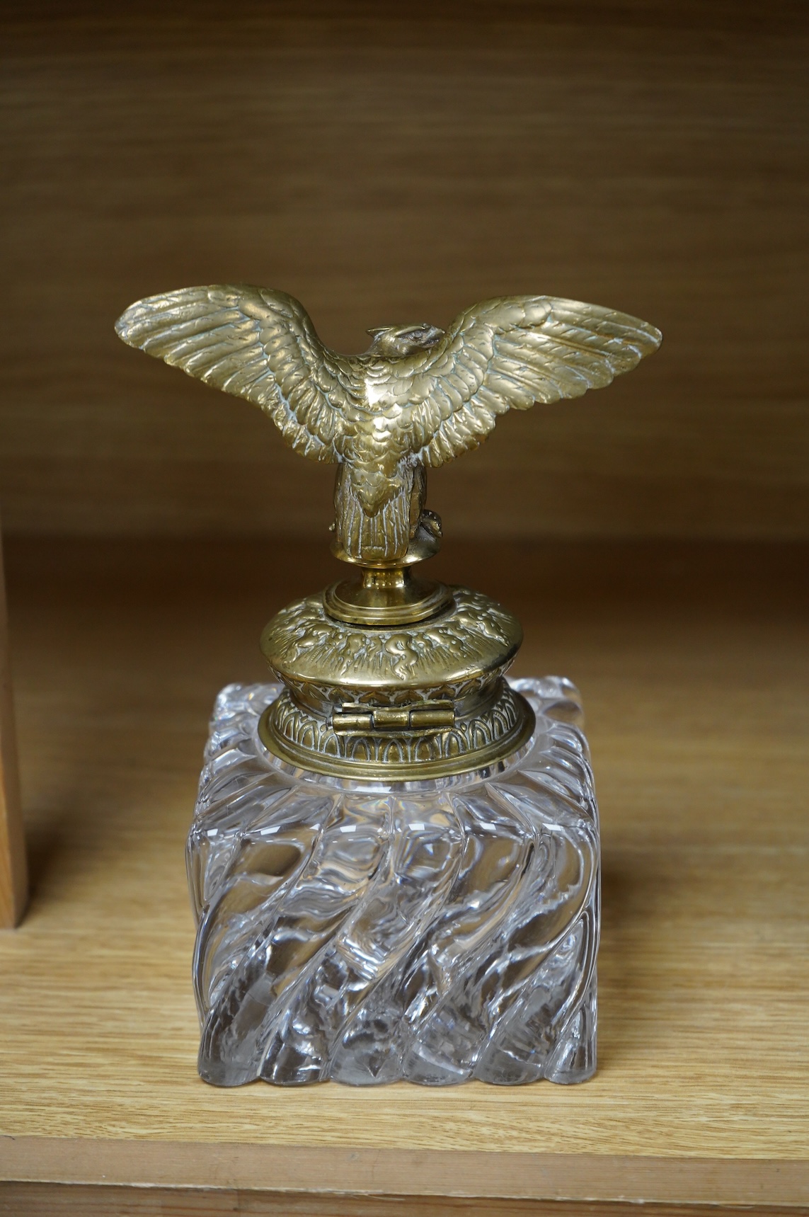 A large and heavy French Empire style bronze and glass inkwell, 20cm